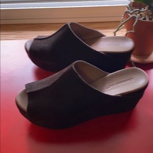 Brown suede platform slides
